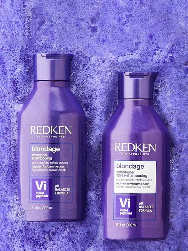 “The violet pigment in the shampoo neutralises unwanted brassy and yellow undertones in blonde or bleached hair,” says Kasthuri Rangan. Image: www.redken.com 