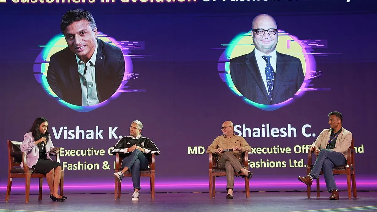 The panel discussion on 'Role of Gen Z in evolution of Fashion and Retail' with Sharon Pais - CBO, Myntra; Shailesh Chaturvedi, CEO, Aravind Fashion; Neelendra Singh, General Manager, Adidas India; Vishak Kumar, CEO, Madura Fashion and Lifestyle 