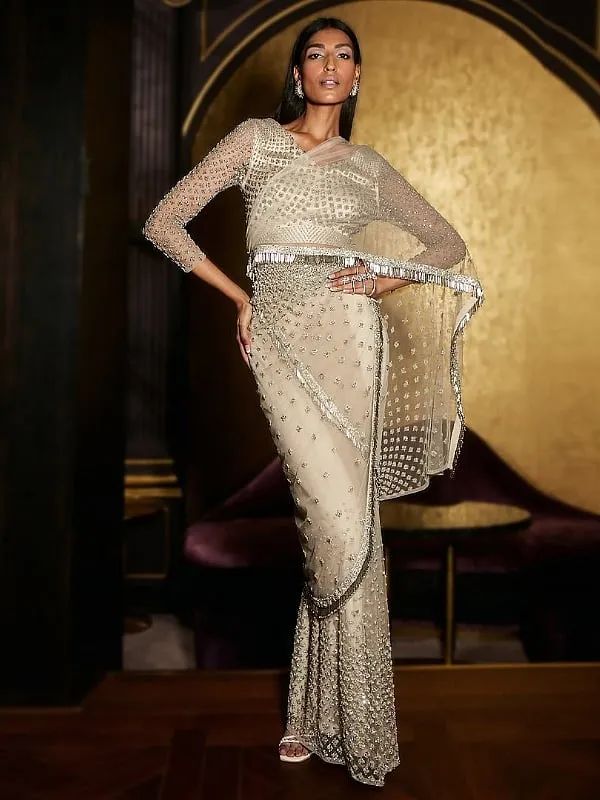 Rohit Gandhi + Rahul Khanna's designs are often adorned with fringes and handcrafted 3D floral and geometric motifs as well as crystals, sequins, and real pearls. Image: Instagram.com/rohitgandhirahulkhanna 