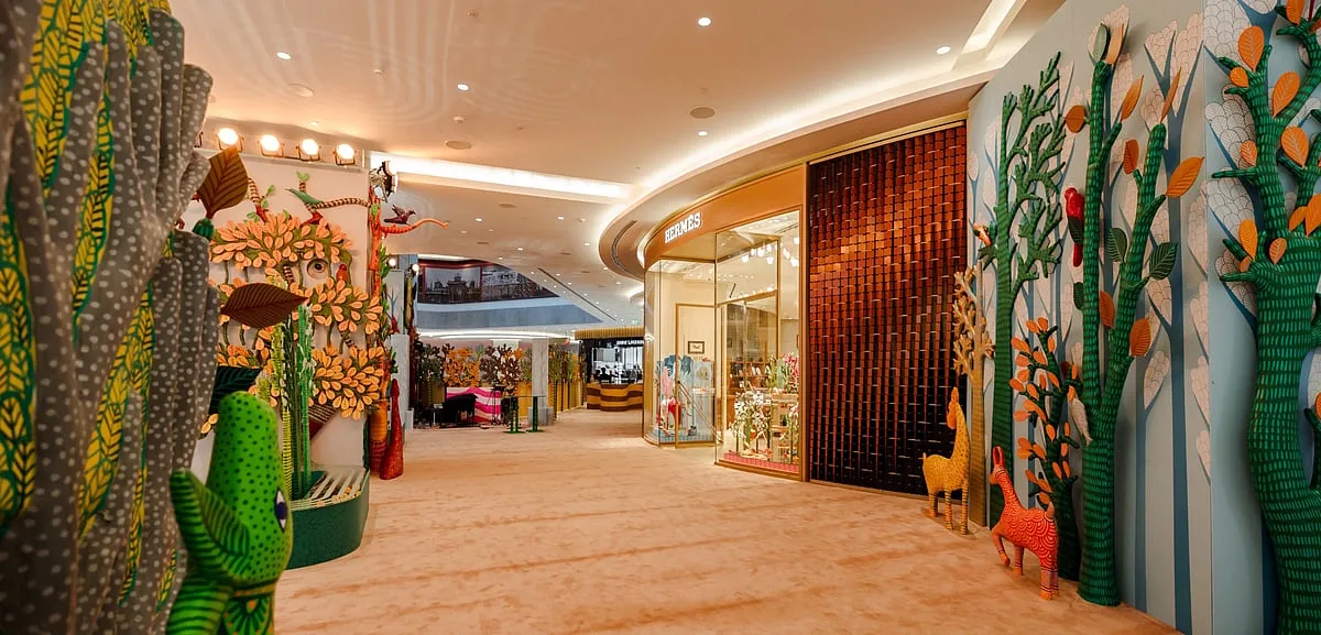 The Hermès store at Jio World Plaza is designed by Parisian architecture agency RDAI. It boasts a graphic sense of place with the use of colour and detailed craftsmanship. Image: Joshua Navalkar 