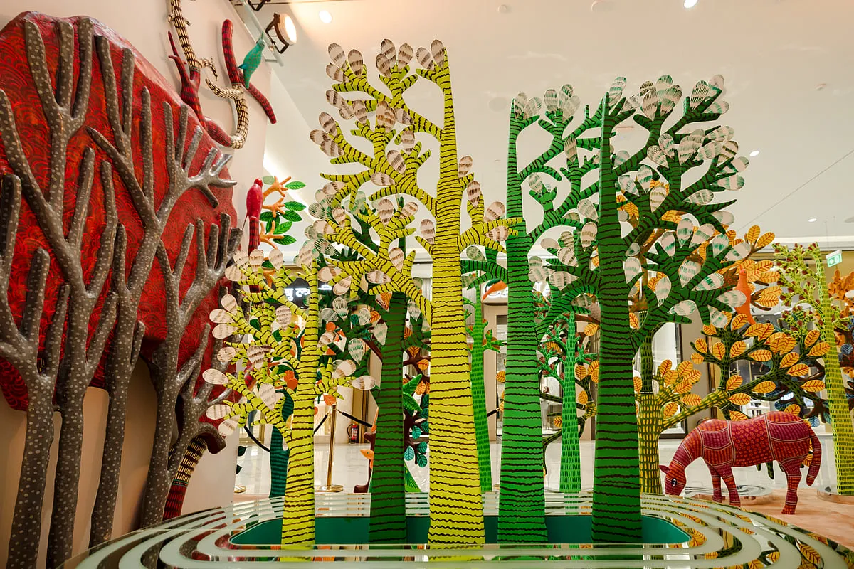 Hermès collaborated with Indian production designer and filmmaker Aradhana Seth to create a window installation of Faubourg in an Enchanted Forest, inspired by Gond art from Madhya Pradesh.  Image: Six Ways to Sunday  