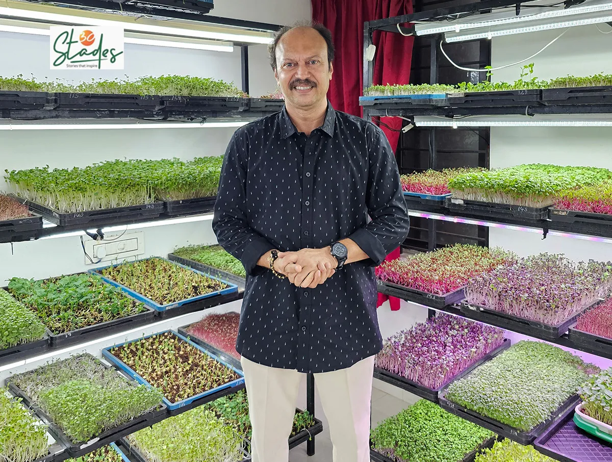 Ajay Gopinath at his 64 sq ft microgreens farming unit in Kochi