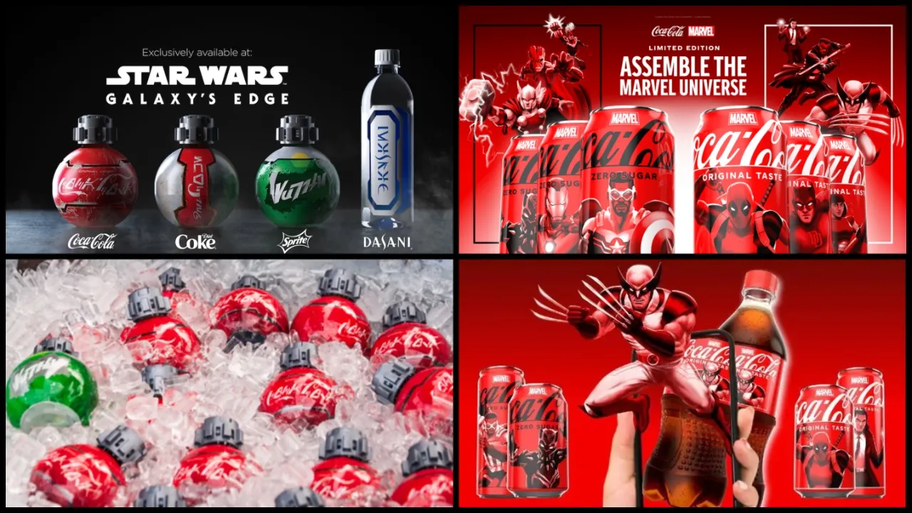 Star Wars: Galaxy's Edge collaboration in 2019 (left) and Coca-Cola x Marvel: The Heroes collection in 2024 (right)