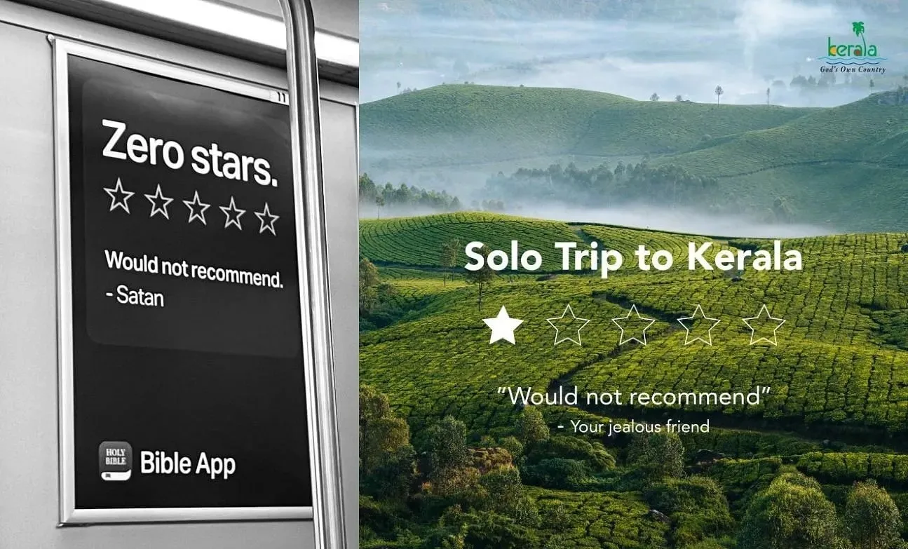 Kerala Tourism's witty marketing campaign post inspired by the Bible App's famous negative review ad.