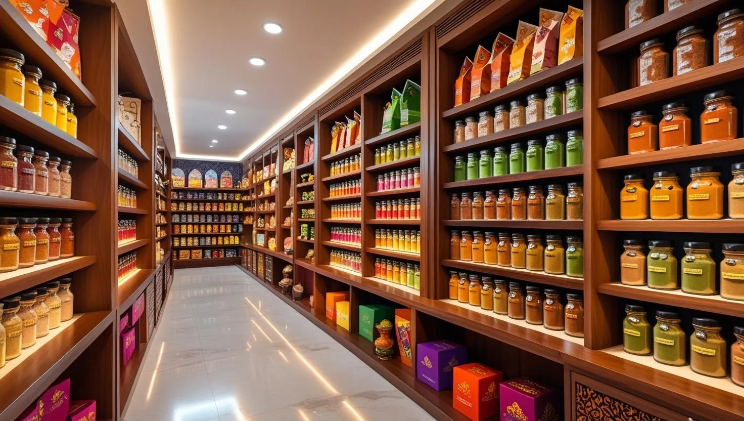 A modern kirana store selling packaged Indian spices