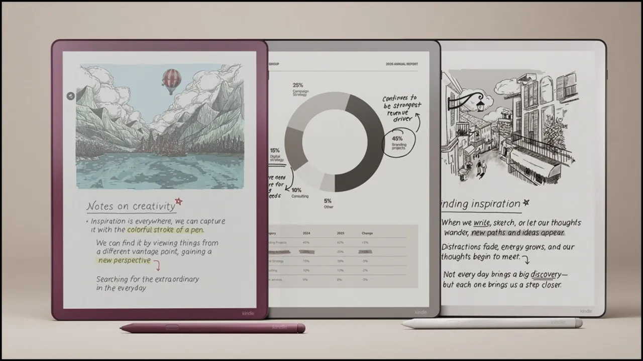 The new ultra-thin Kindle Scribe Colorsoft (2025) with a pen, showcasing its 11-inch color display, AI notebook features, and cloud document support.