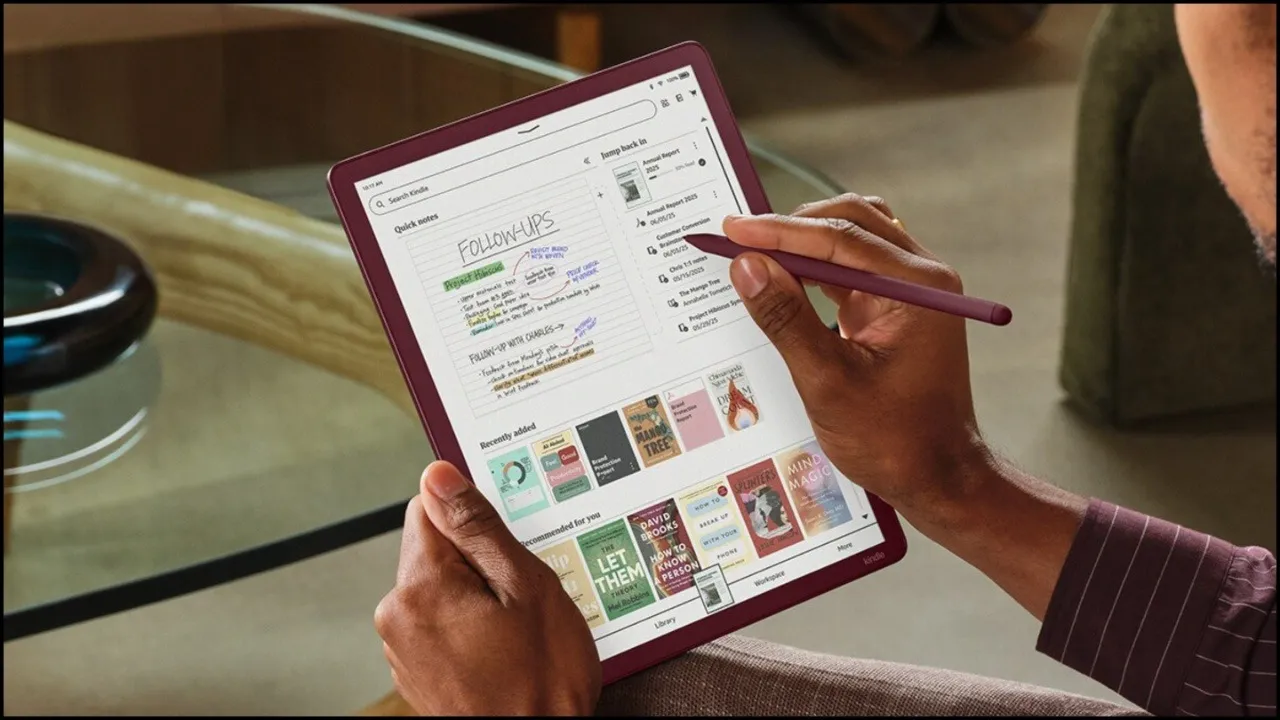 The new ultra-thin Kindle Scribe Colorsoft (2025) with a pen, showcasing its 11-inch color display, AI notebook features, and cloud document support.