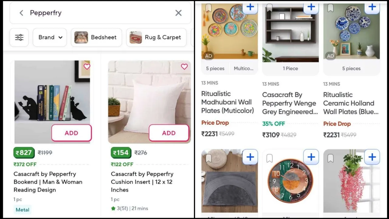 Pepperfry on Zepto (left) and Swiggy Instamart (right)
