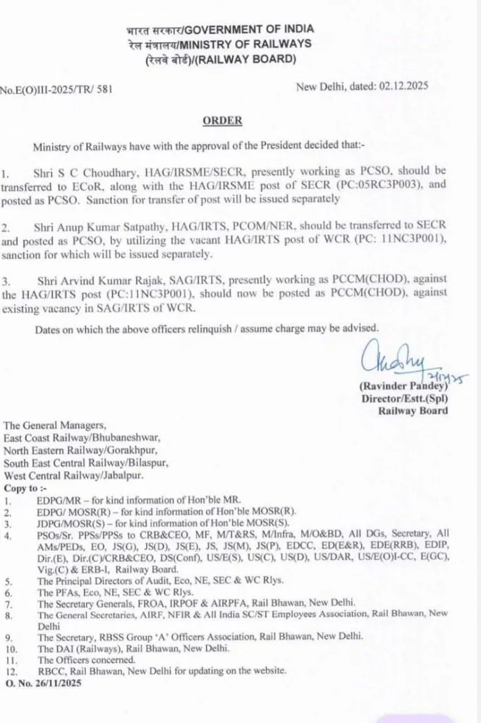 एस.सी. चौधरी का ECoR में स्थानांतरण