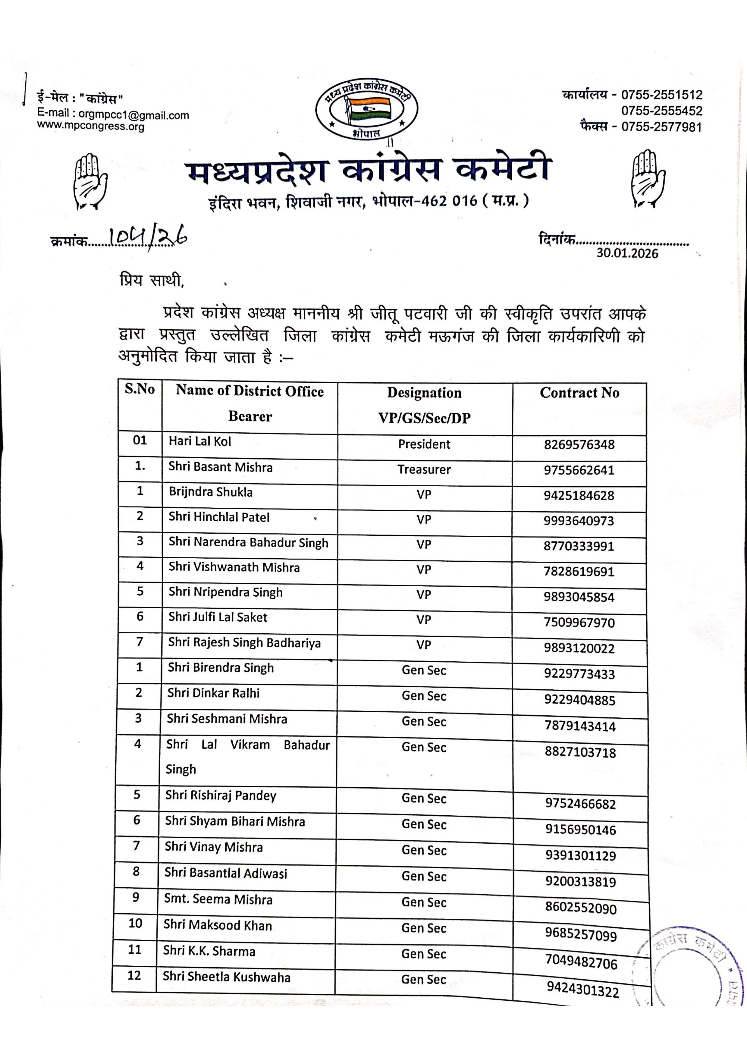 Mauganj  Congress List