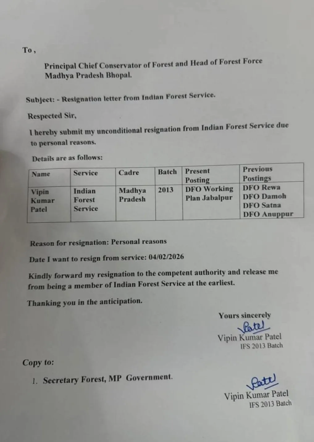 Jabalpur DFO Resignation