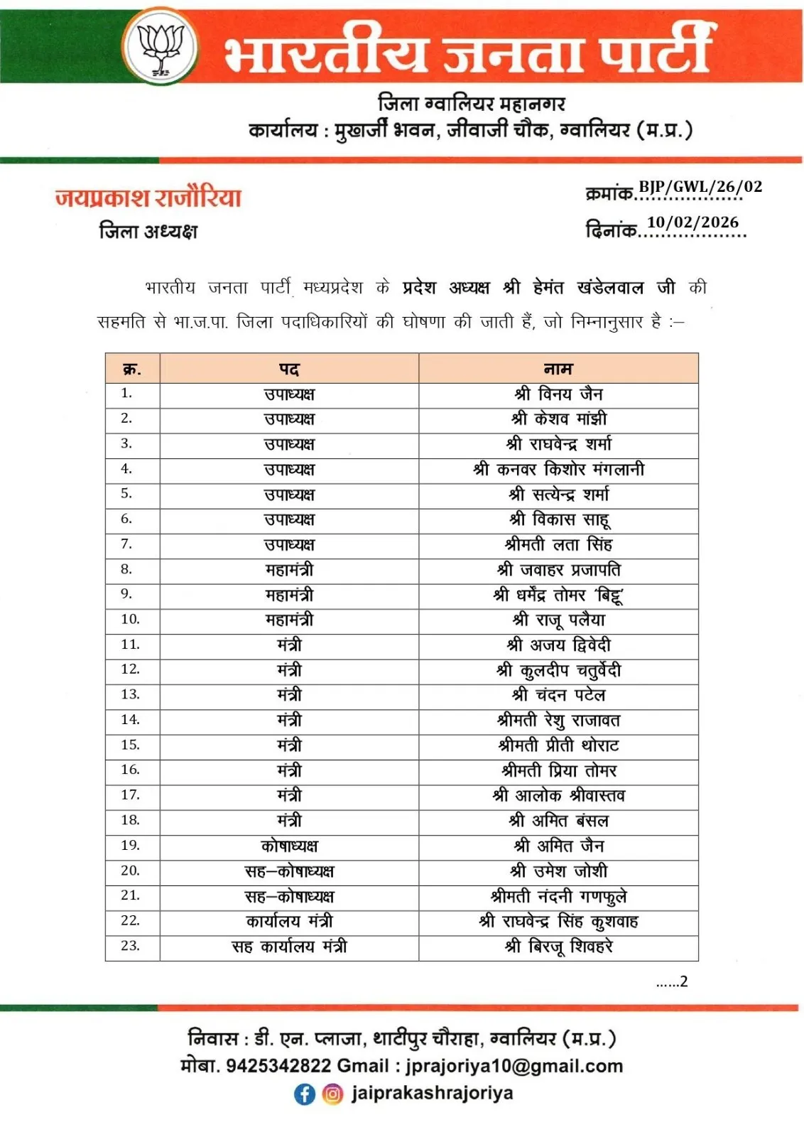 Gwalior BJP Jila Karyakarini urban