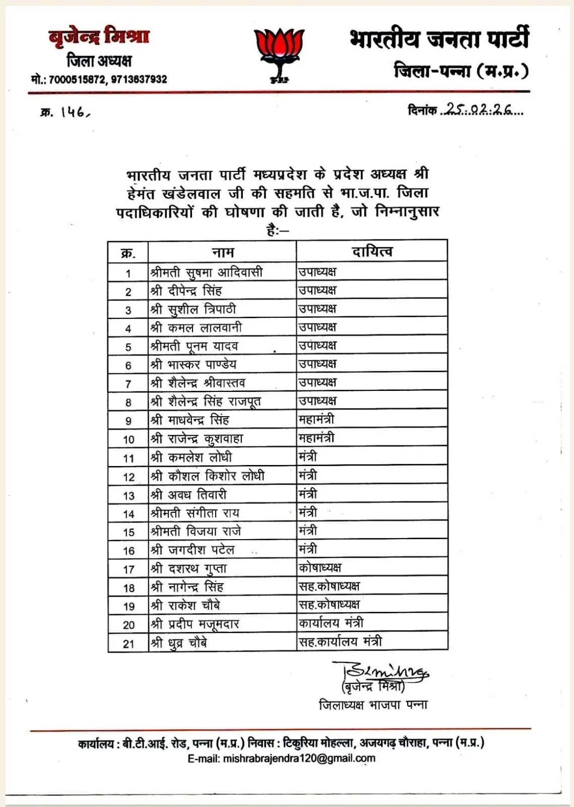 BJP Seoni Panna Districts executive