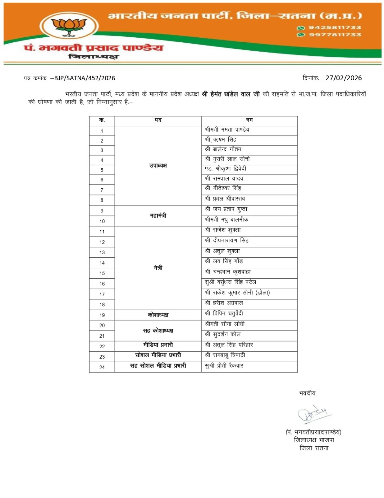 Satna BJP Jila Karyakarini list