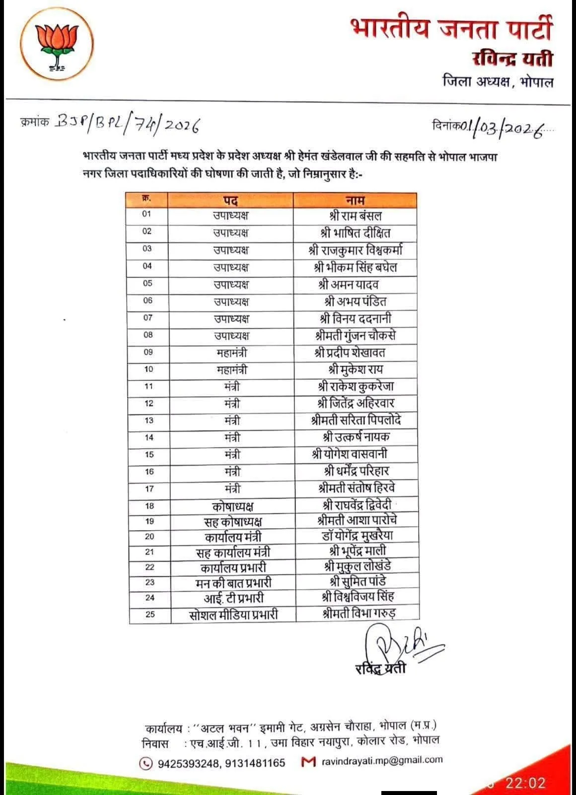 Bhopal BJP Jila Karyakarini