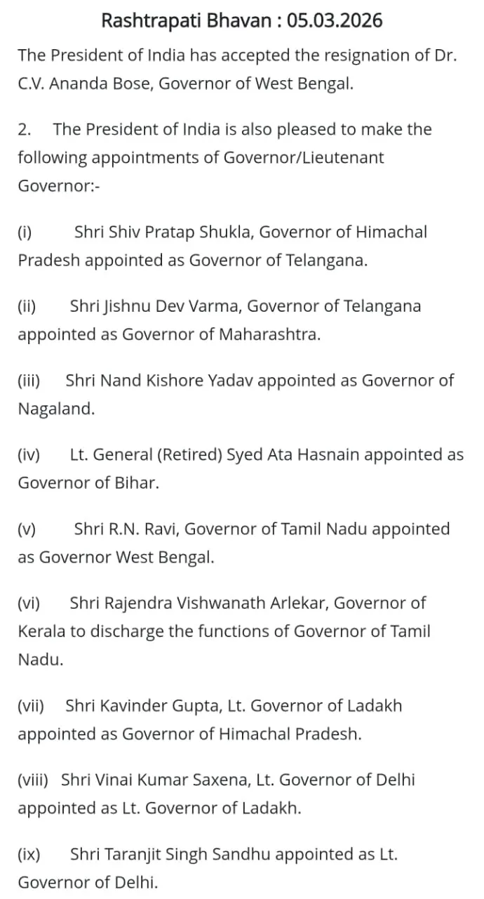 Governors of 7 states changed in india President Draupadi Murmu hindi news