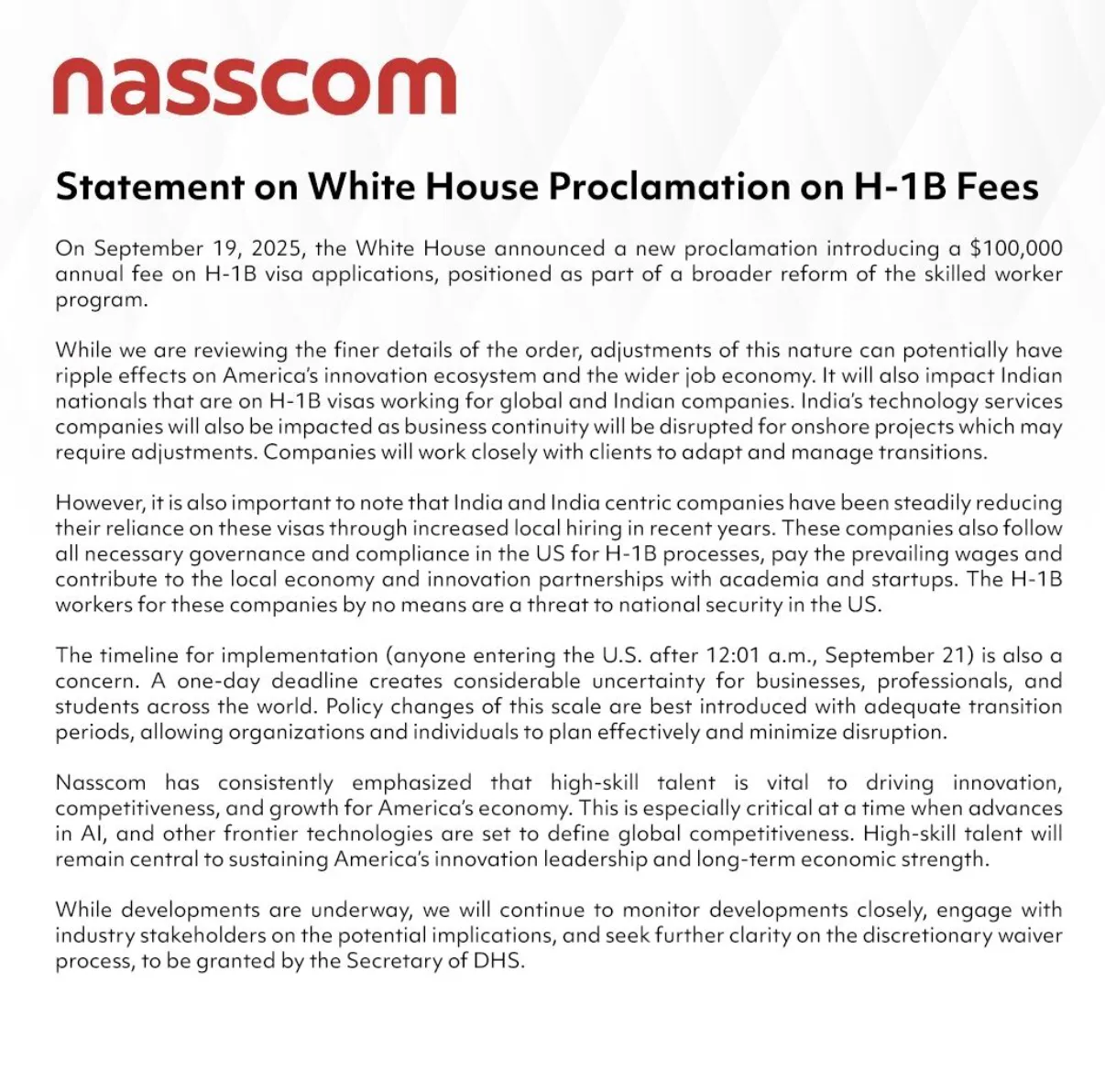 Nasscom Statement on H1B Visa Fees