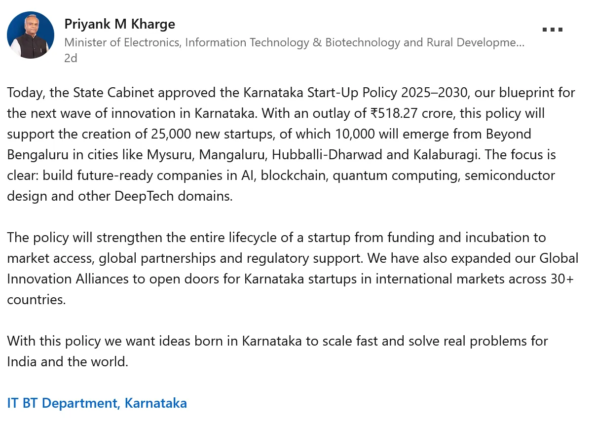 Screenshot 2025-11-10 at 10-02-11 Today the State Cabinet approved the Karnataka Start-Up Policy 2025–2030 our blueprint for the next wave of innovation in Karnataka. With an outlay of ₹518.27 crore this policy will support t[...]