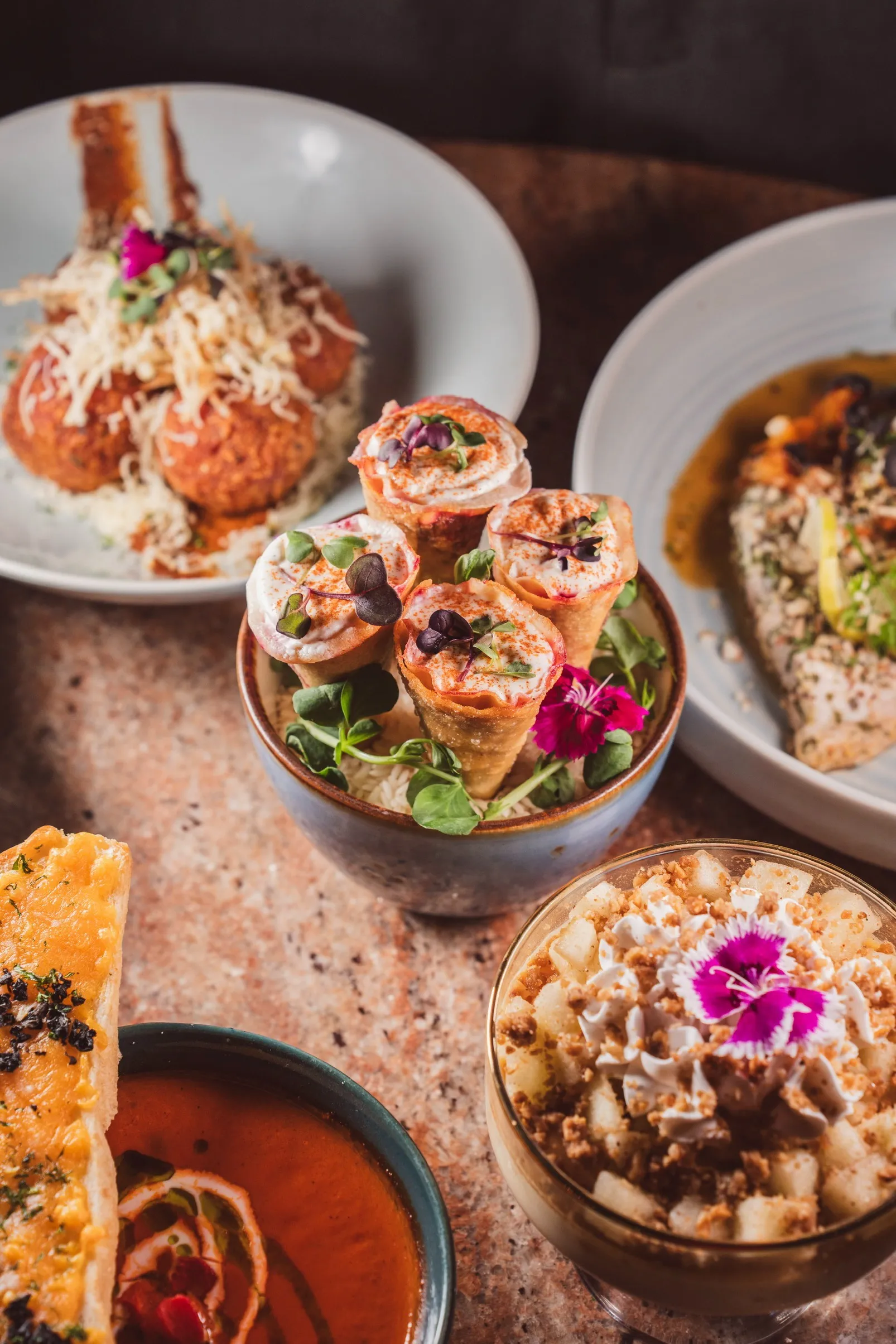 Ember Roasted Bell Pepper and Tomato Soup+Beetroot Arancini with Truffle+Roasted Beetroot and Goat Cheese Cone