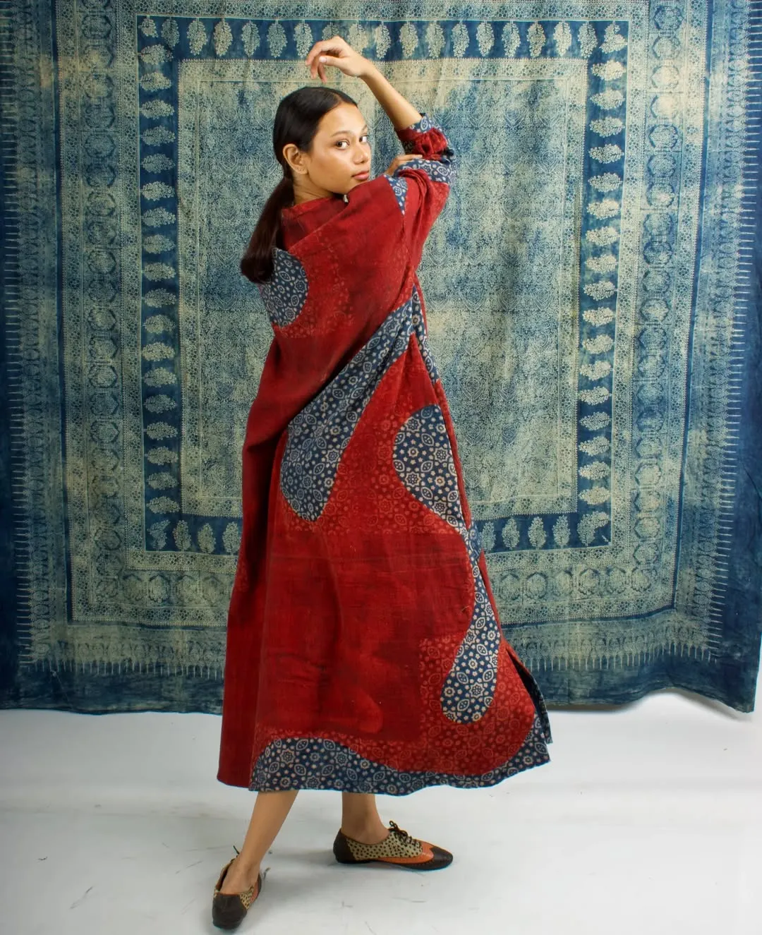 ERRAI.HAND PAINTED AND HAND BLOCK PRINTED using resist, red and indigo on Kala cotton 2x2.Model