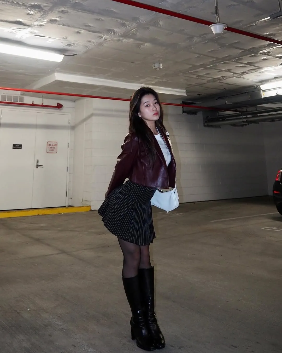 hey 3 ..outfit details-- cropped cherry red leather blazer- @lovebonito - asymmetrical graphic t
