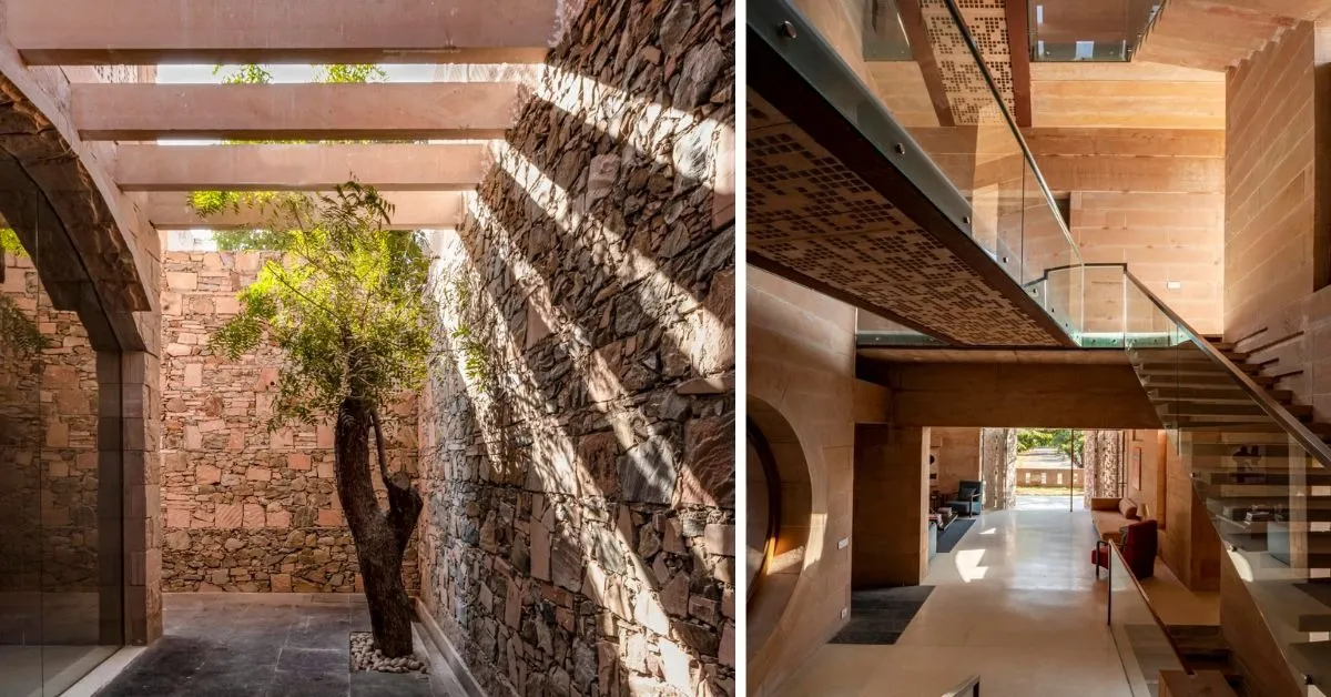 The house challenges the conventional use of sandstone, restoring its role as a primary structural material