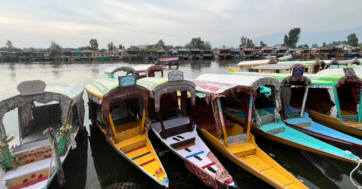 Colourful shikaras wait by the shore of Dal Lake — many carry letters and parcels bound for the floating post office.