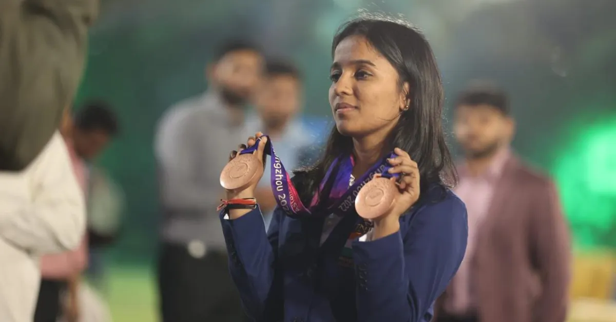 A proud moment — Himanshi Rathi displays her twin bronze medals from the Asian Para Games 2023 in Hangzhou.