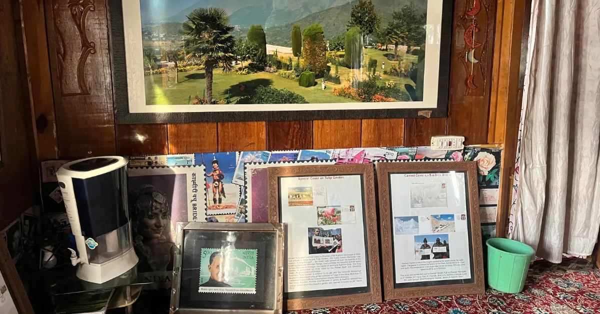 Frames inside the philately section showcase special covers, stamps, and scenes from Kashmir’s postal history.