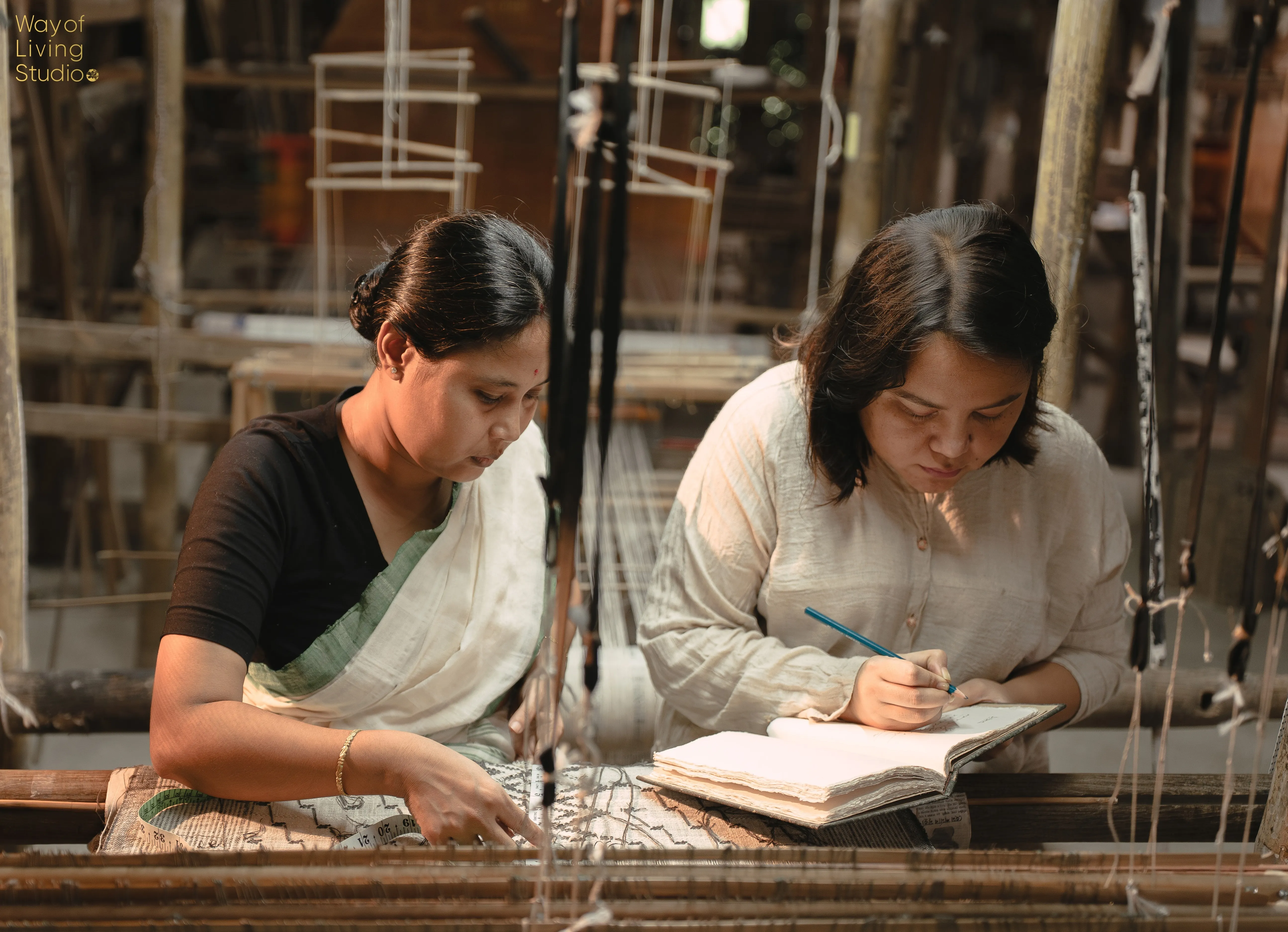 Artisan weaver Baby Dutta and Jagrity at one of their indigenous Eri silk looms at the Studio