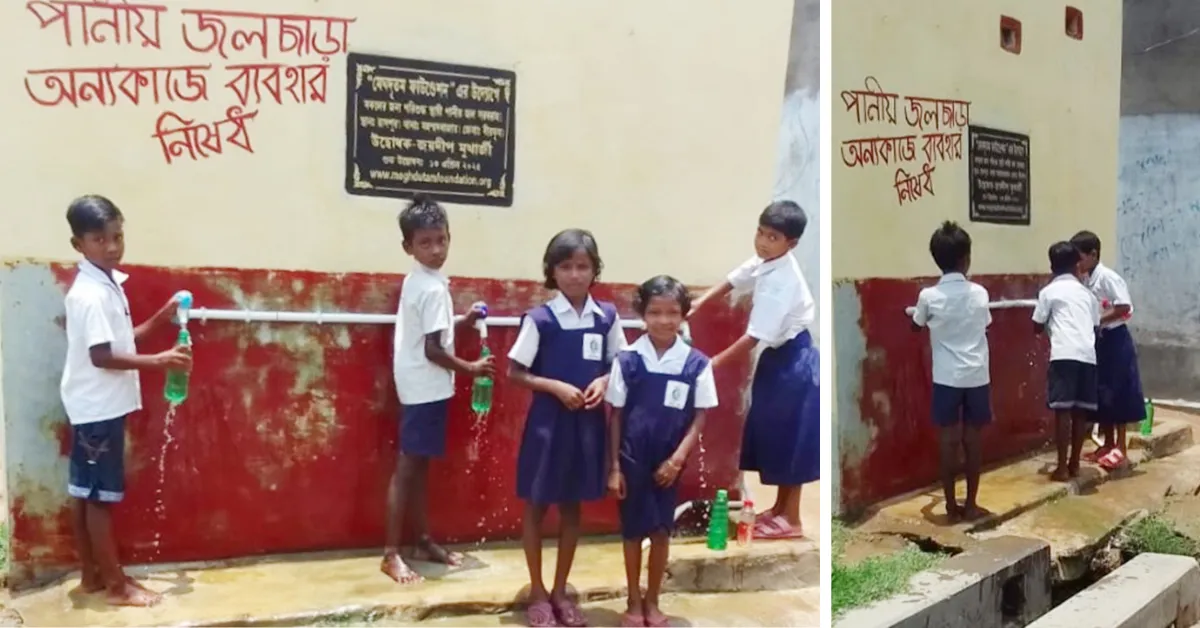 Children in Raspur fill their bottles with clean water from the community tap before heading to school.