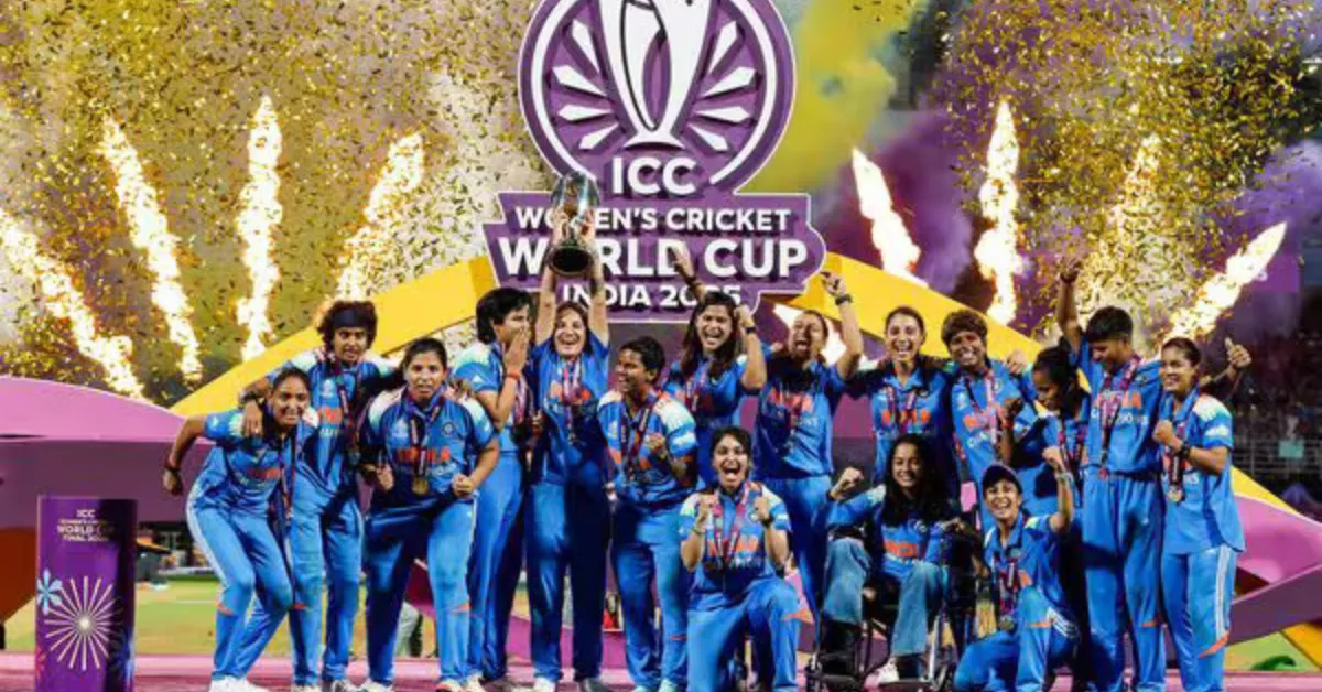 Indian women’s cricket team celebrates ICC Women’s World Cup 2025 win.