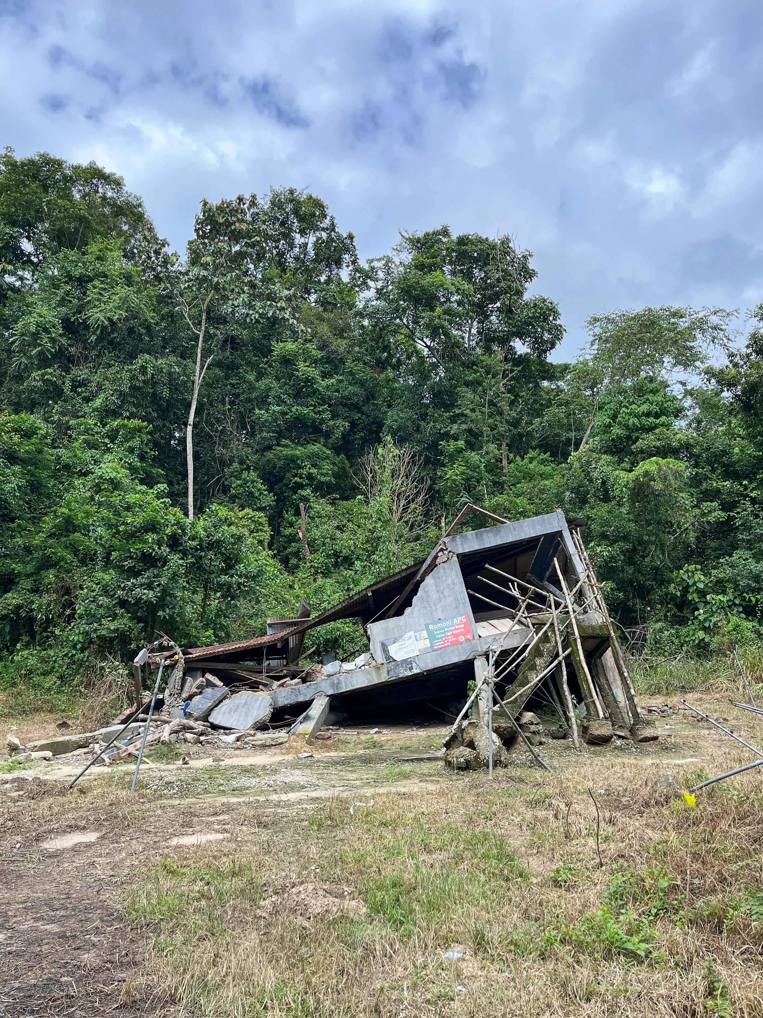Abandoned anti-poaching camps destroyed by elephants dotted the way in Pakka Tiger Reserve