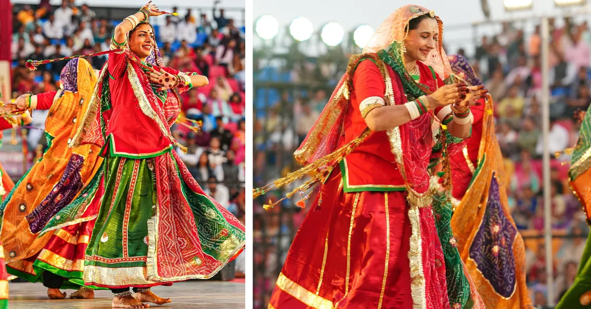 Traditional attire and ghungroos were worn for the synchronised Ghoomar performance.