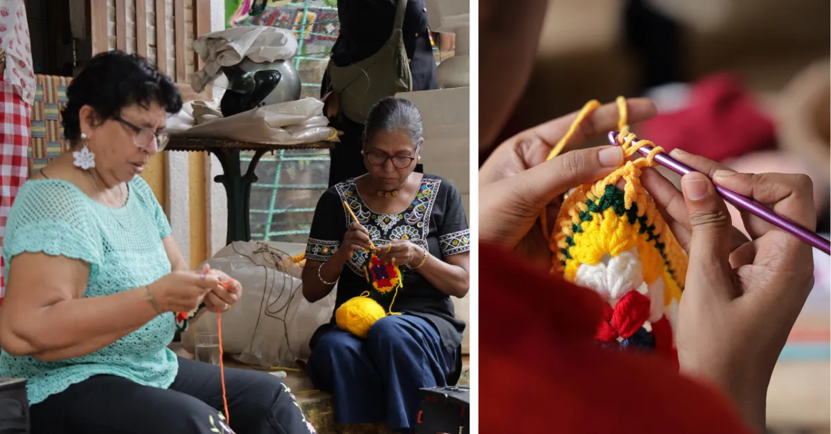 The crochet work was done in homes over weeks before being assembled.