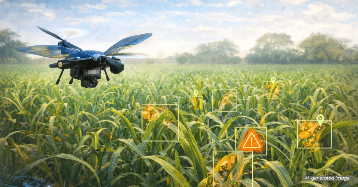 The sugarcane flying robot uses GPS tagging to mark infected crop sections for targeted treatment.
