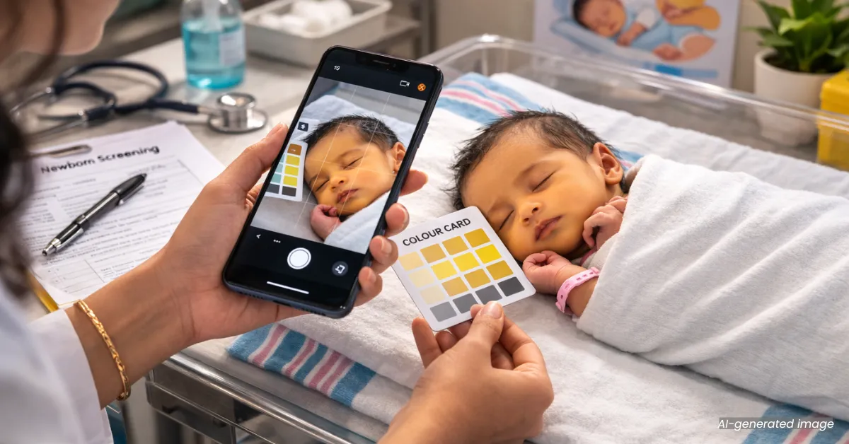 The neonatal jaundice app uses a 3D-printed colour card to standardise skin image capture.