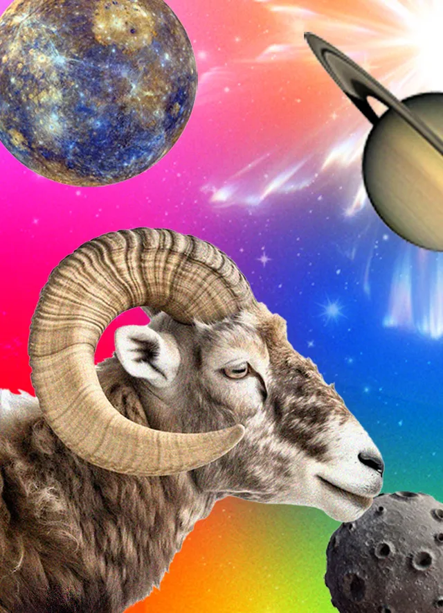 A picture with a white ram with huge horns and planets giving the monthly horoscope