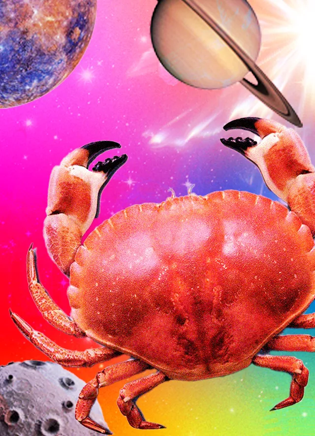 A huge orange and red crab against a backdrop of different planets, depicting monthly horoscope