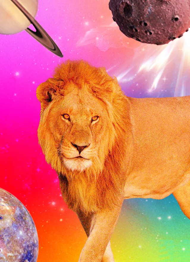big, furry lion standing against a pink and purple backdrop of different planets depicting the Monthly Horoscope