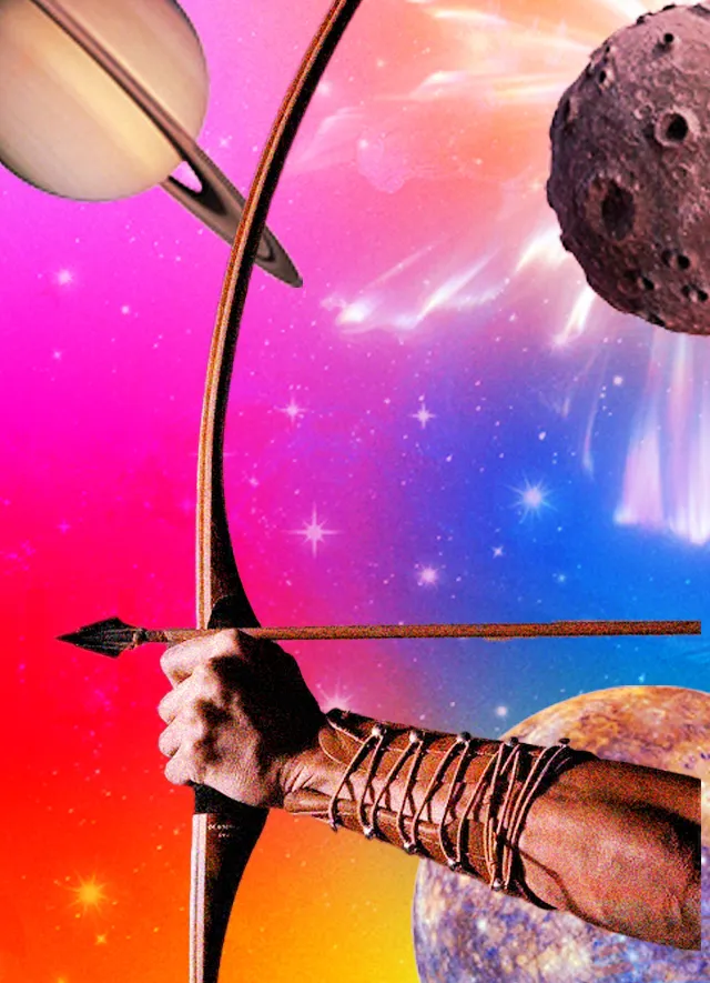 A picture of a muscular, vein-y arm holding a bow and aiming an arrow, ready to shoot against a backdrop of planets depicting Monthly Horoscope