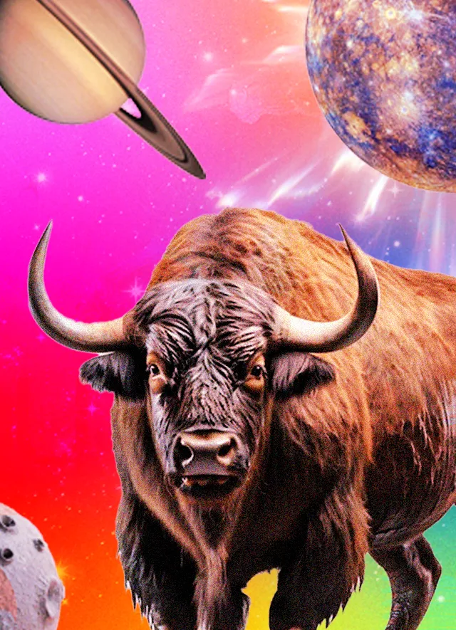 A huge brown bull with big horns against a  backdrop of planets depicting the Monthly Horoscope