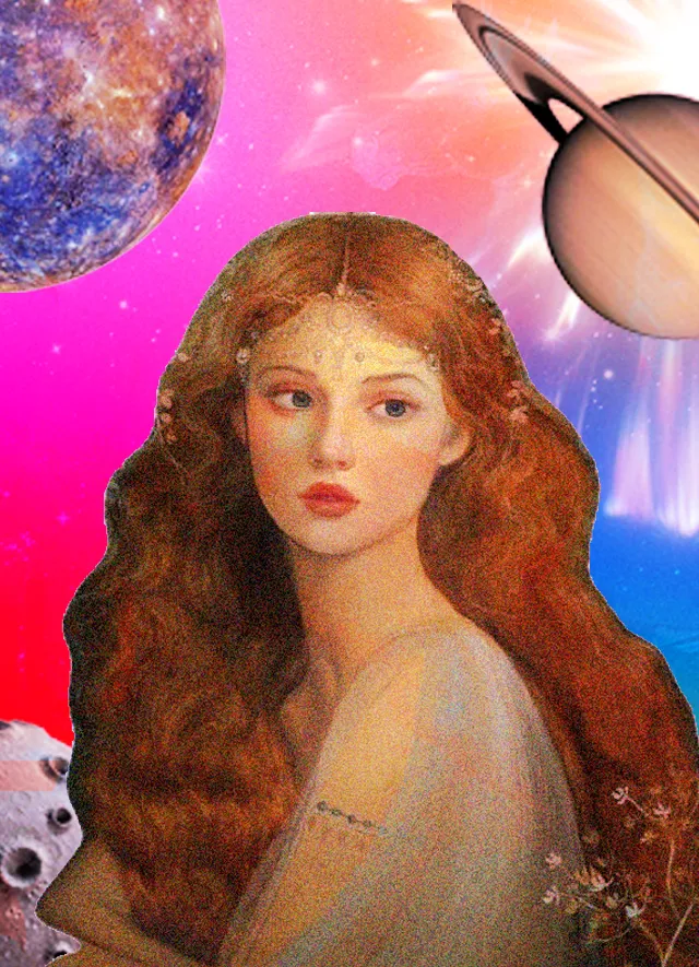 A portrait of a red haired woman against a backdrop of planets depicting Monthly Horoscope