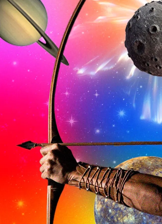 A hand pulls back a bow and arrow under a celestial background, symbolising Sagittarius. A striking representation for the August 2025 horoscope.
