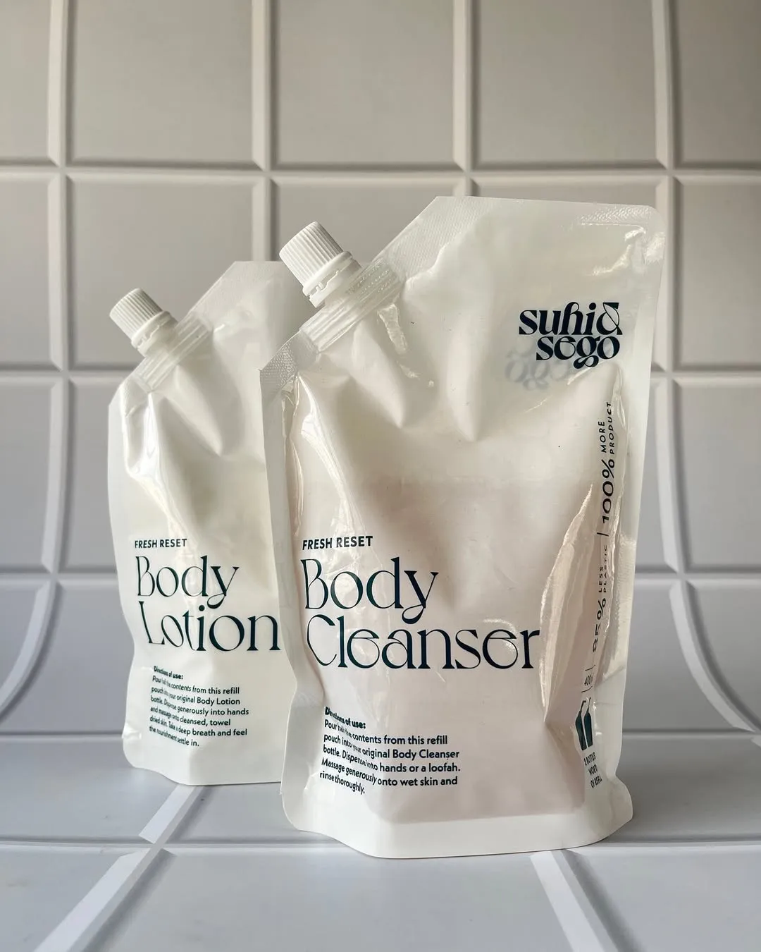 Two packets of refillable make-up and skincare from Suhi & Sego, a sustainable beauty brand in India