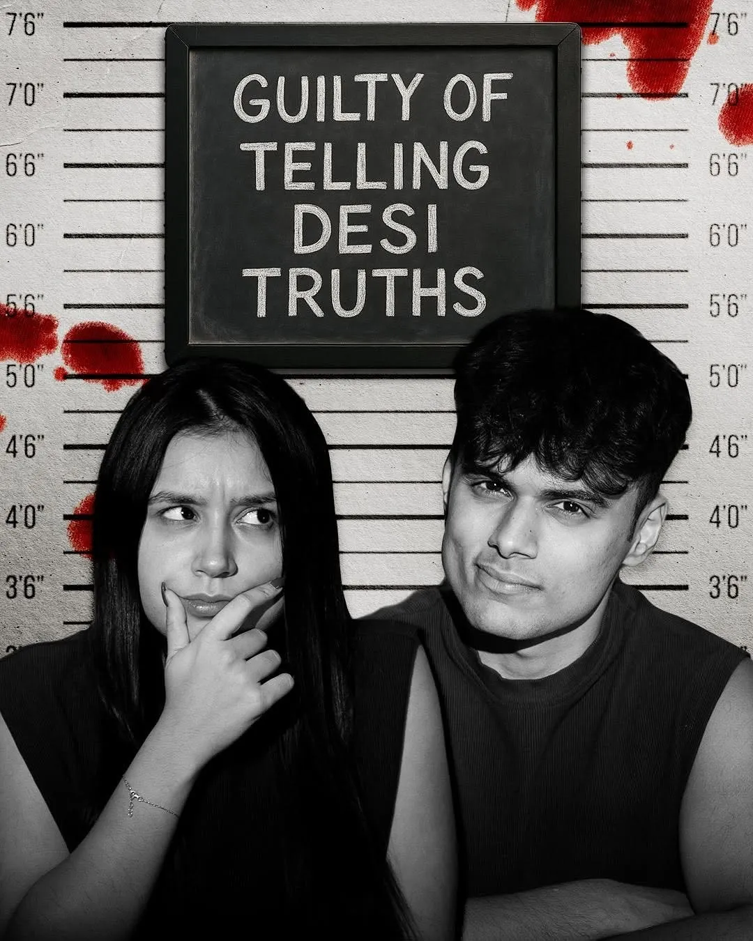 A black and white frame against a crime-scene background to depict the popularity of crime as a genre in the top Indian podcasts 2025, making Desi Crime one of the best podcasts India.