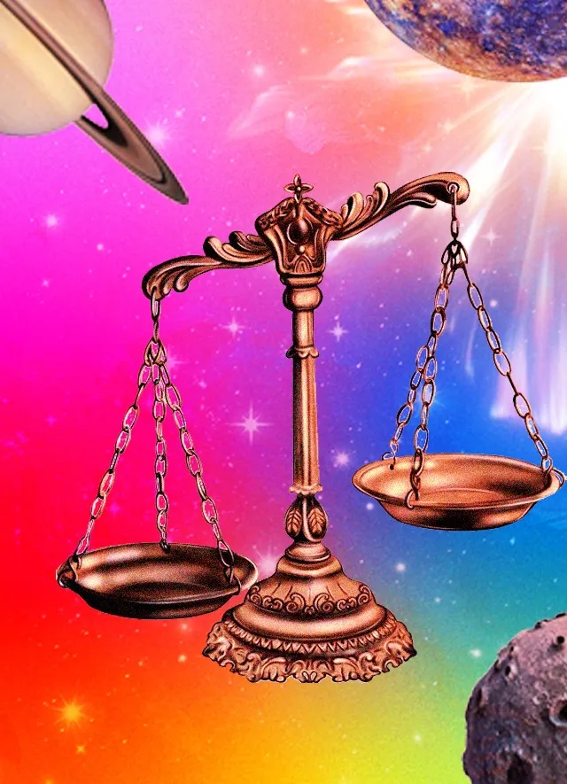 Libra zodiac sign shown as balancing scales in a cosmic background with Saturn and distant moons