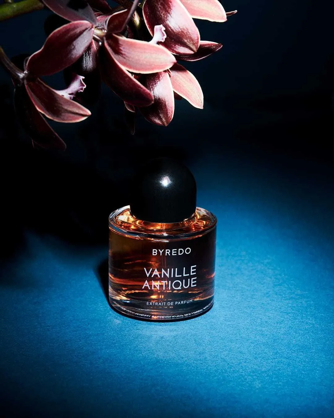 Byredo vanilla perfume placed on a blue backdrop