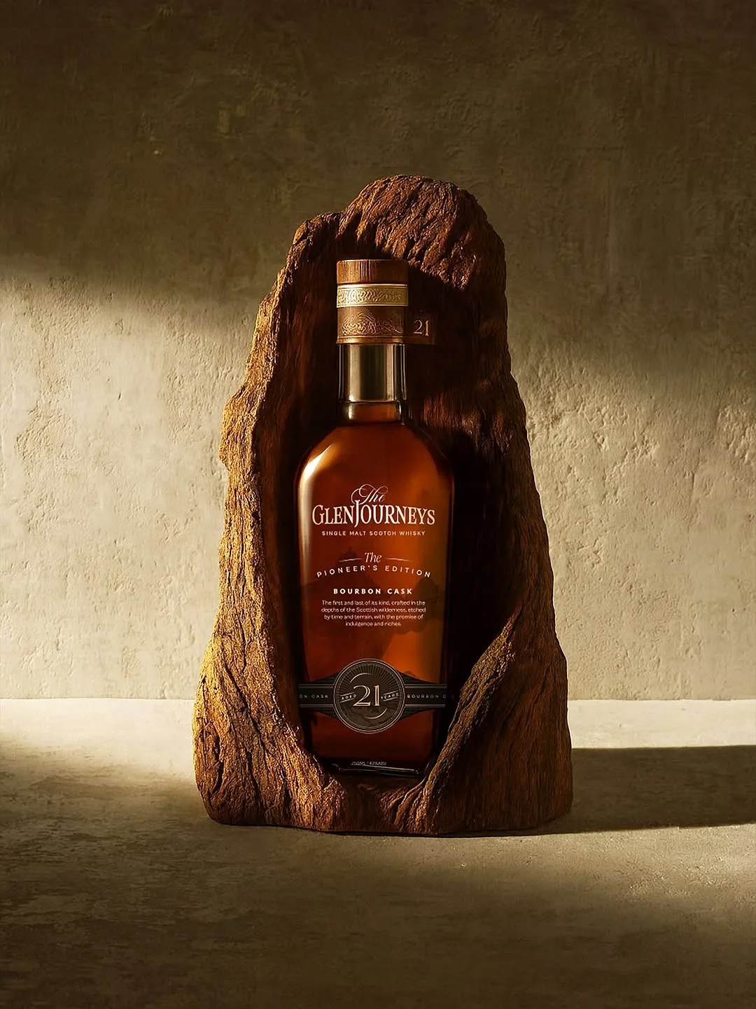 A picture of a bottle of GlenJourney single malt whisky in a wooden cask to depict the growing popularity of single malt whisky including some of the best single malt whisky from the world as people are no confused about single malt vs blended whisky as well as growing interest in how single malt whisky is made
