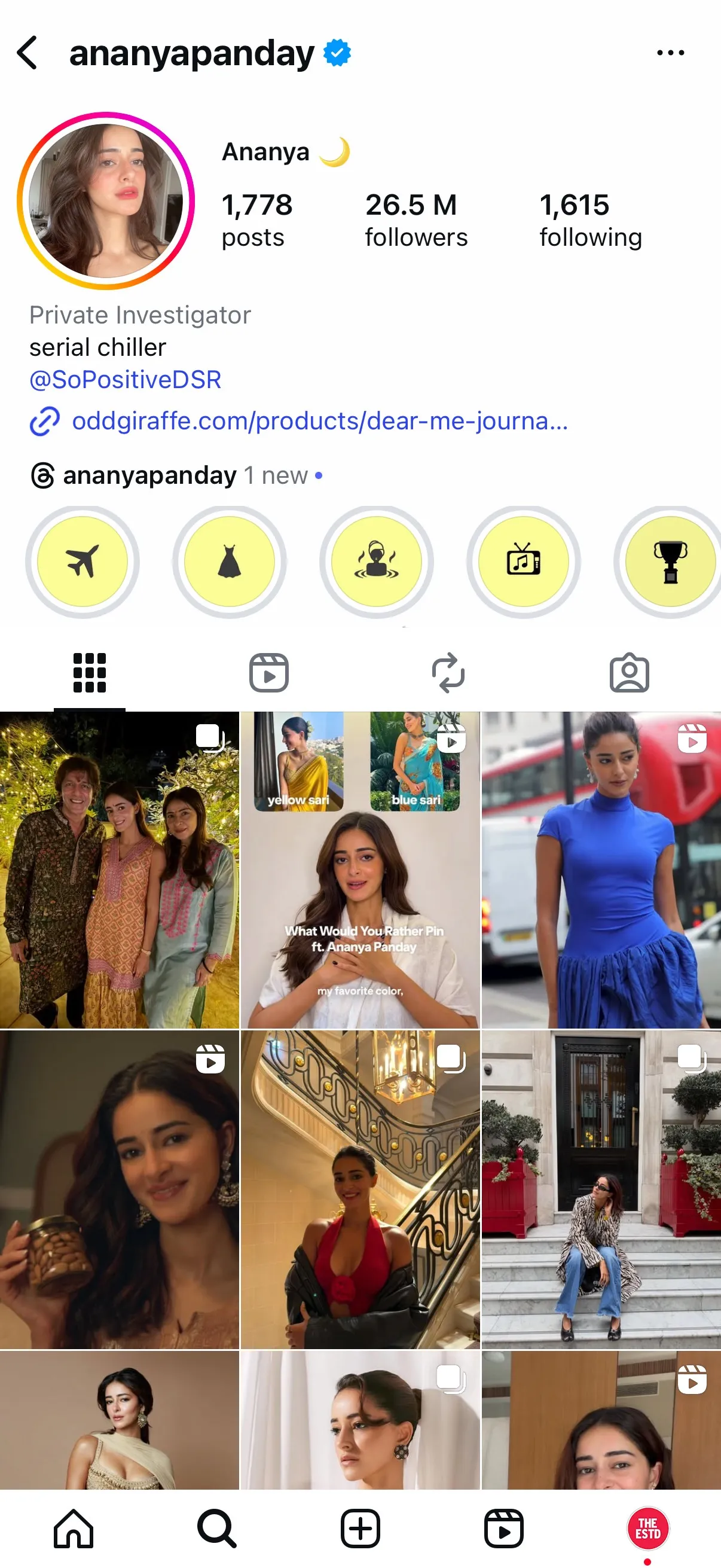 Screenshot of Ananya Panday’s Instagram profile showing 26.5 million followers, with bio reading “Private Investigator, serial chiller” and highlights in soft yellow icons
